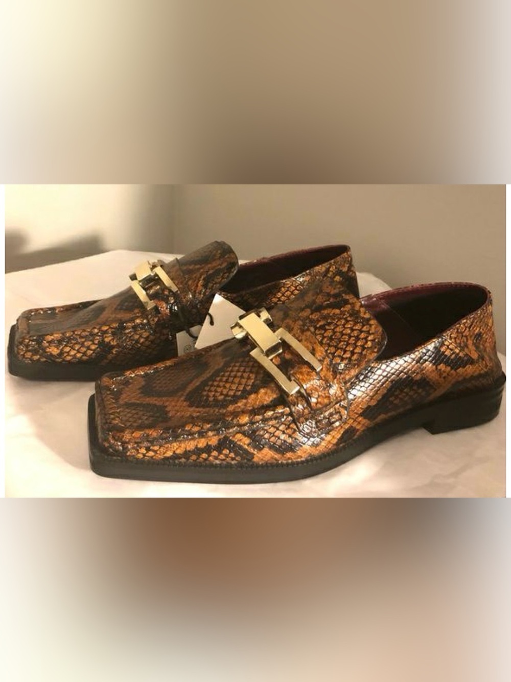 Zara Real Leather Women's Snake-Print Loafers with Gold Accent - Brown Sz 40 NWT